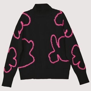 Modest Black Pink Flower Embroidered Mohair Design Mockneck Long-Sleeve Sweater